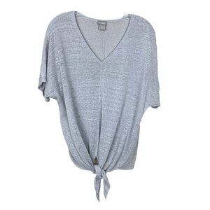 Chicos Womens 2 L Short Sleeve Sweater Silver Knit Top Linen Metallic Tie Front